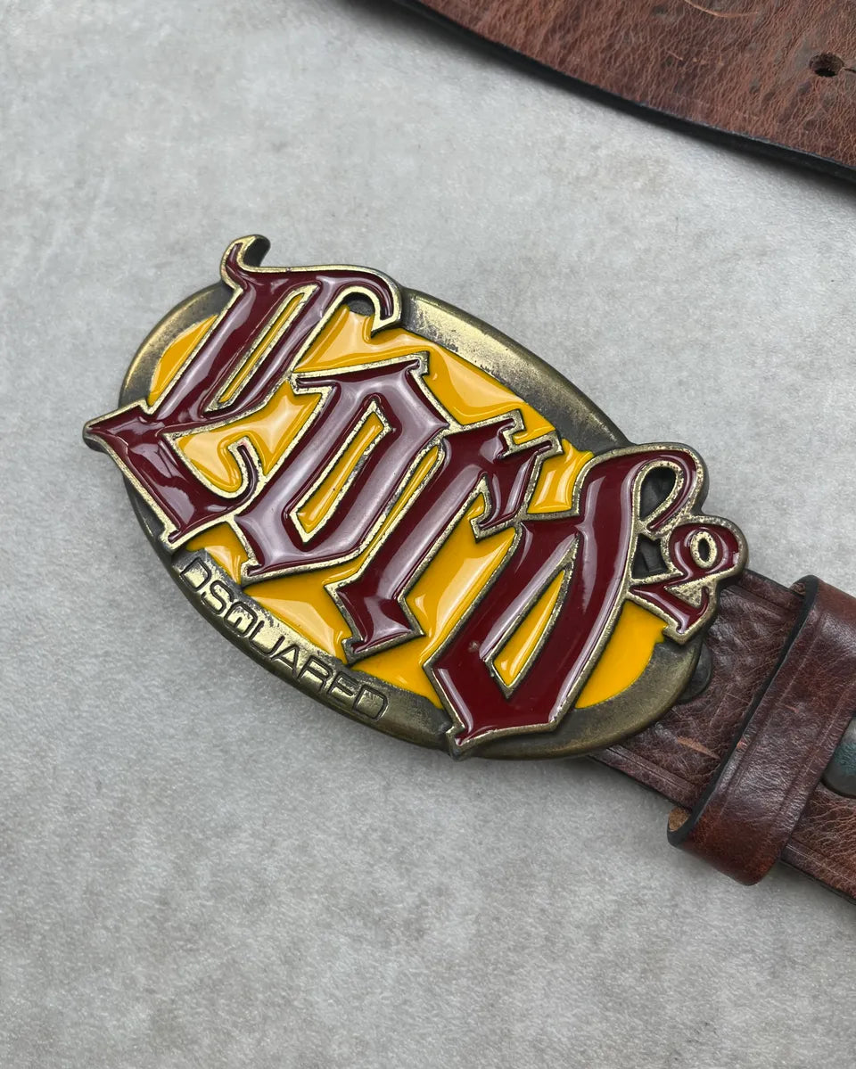 Dsquared2 Brown Leather Lord Yellow Buckle Logo Belt WowitPF 4