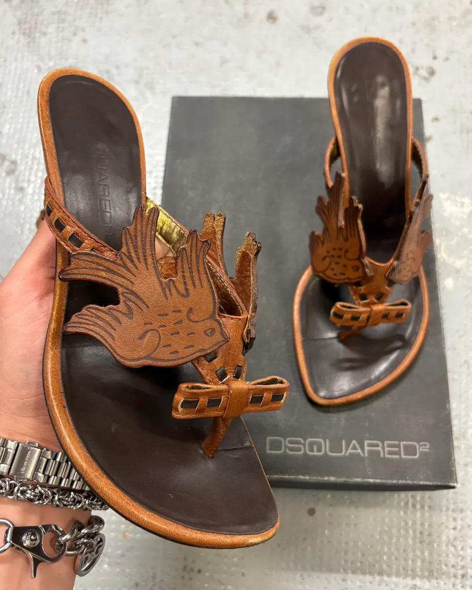 2000s Dsquared2 Brown Leather Bird Winged Sandals LzNYZyx 0