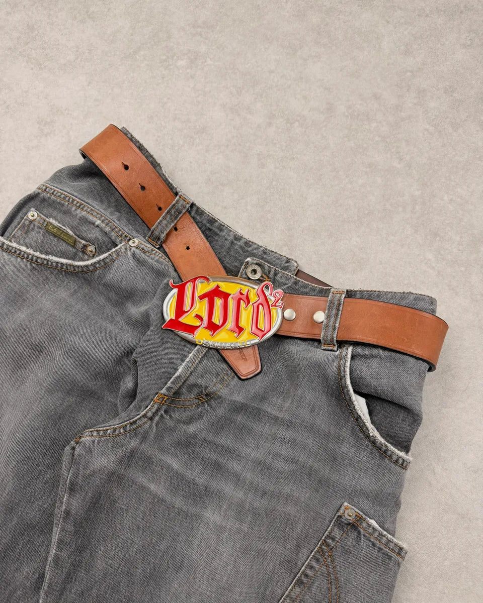 Dsquared2 Lord Brown Leather Yellow Buckle Belt GtyDGkC 0