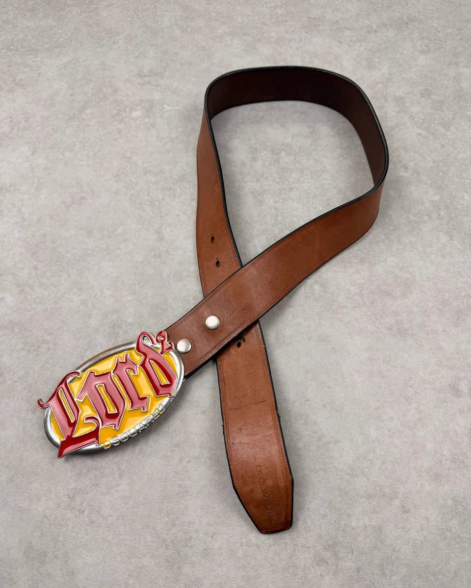 Dsquared2 Lord Brown Leather Yellow Buckle Belt GtyDGkC 1
