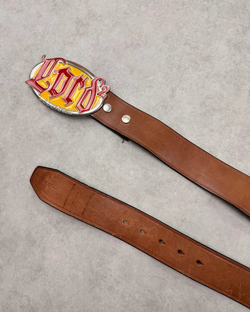 Dsquared2 Lord Brown Leather Yellow Buckle Belt GtyDGkC 2