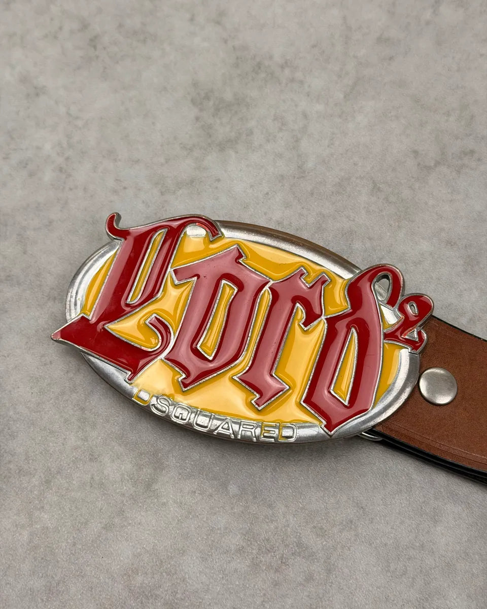 Dsquared2 Lord Brown Leather Yellow Buckle Belt GtyDGkC 3