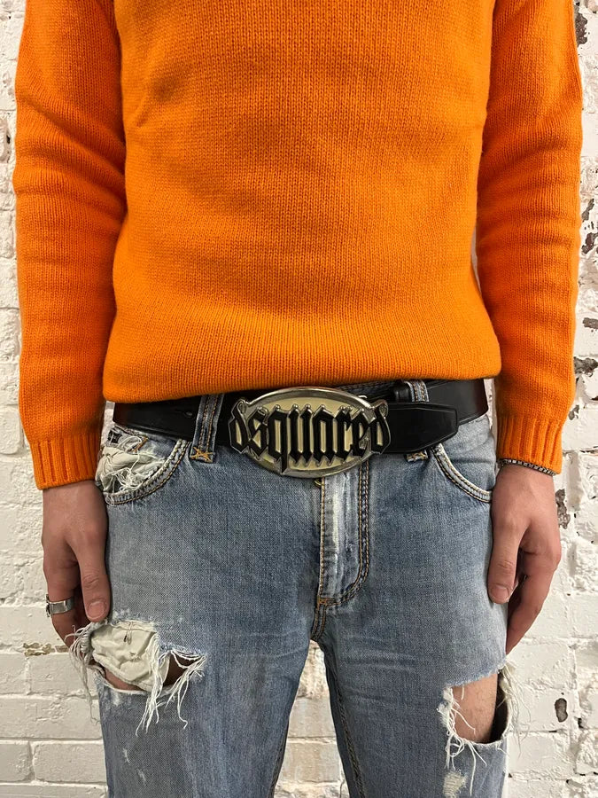 Dsquared2 Metal Logo Gothic Buckle Black Leather Belt  hJEsfow 1