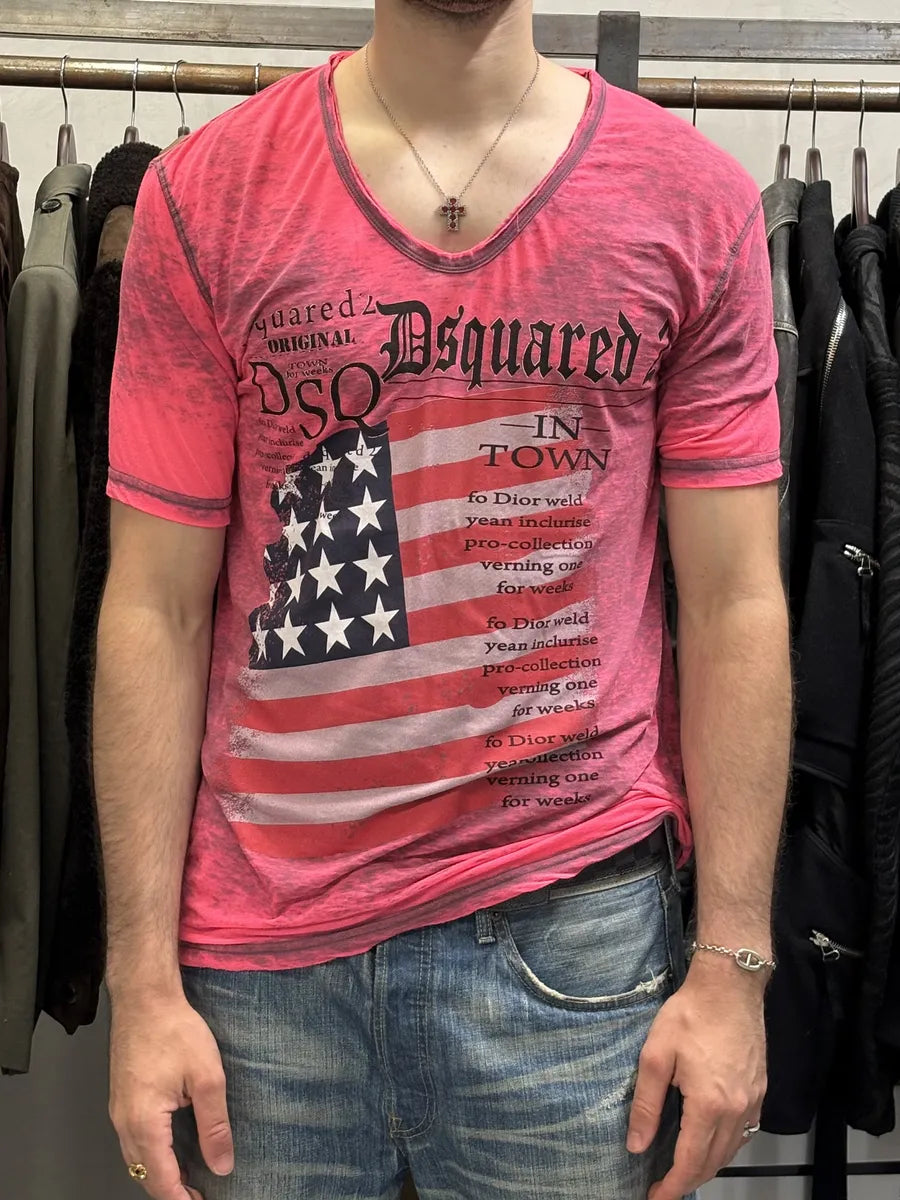 Dsquared2 Pink Electric USA Flag T-Shirt ZtGWFok 2