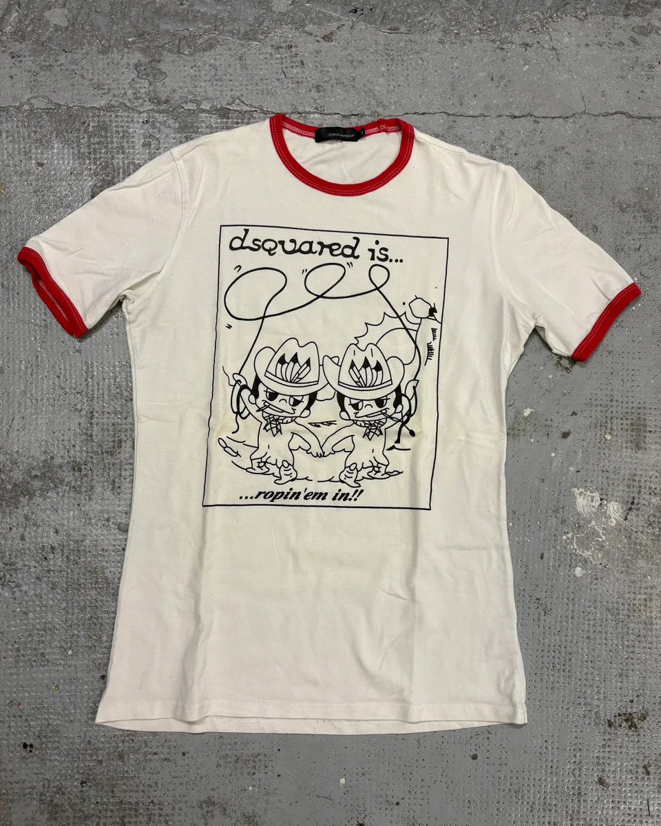 2000s Dsquared2 White & Red Indians Cowboy’s Drawing T-Shirt qwoFuCU 0