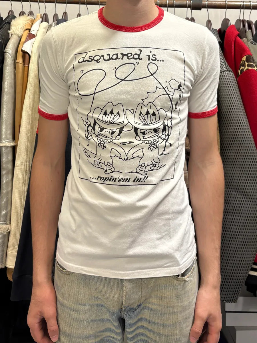2000s Dsquared2 White & Red Indians Cowboy’s Drawing T-Shirt qwoFuCU 1