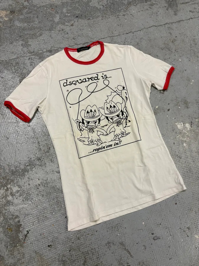 2000s Dsquared2 White & Red Indians Cowboy’s Drawing T-Shirt qwoFuCU 3
