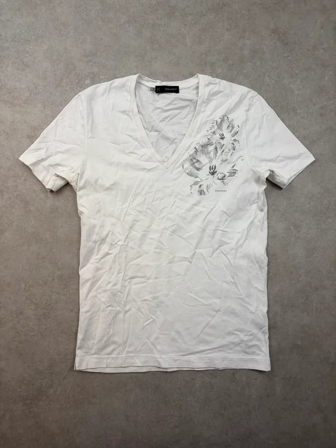 AW2013 Dsquared2 White V Neck Floral Print T-Shirt tFOWzxs 2