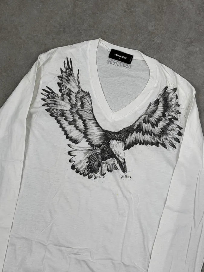 FW2015 Dsquared2 White Royal Eagle Graphic V-Neck Longsleeves CQckeGJ 4