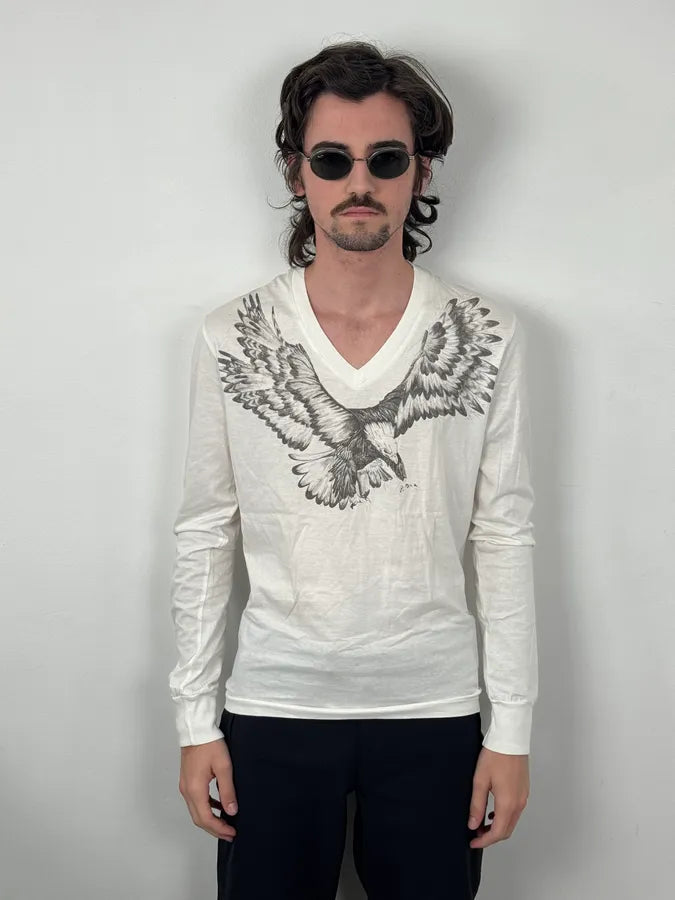FW2015 Dsquared2 White Royal Eagle Graphic V-Neck Longsleeves CQckeGJ 1