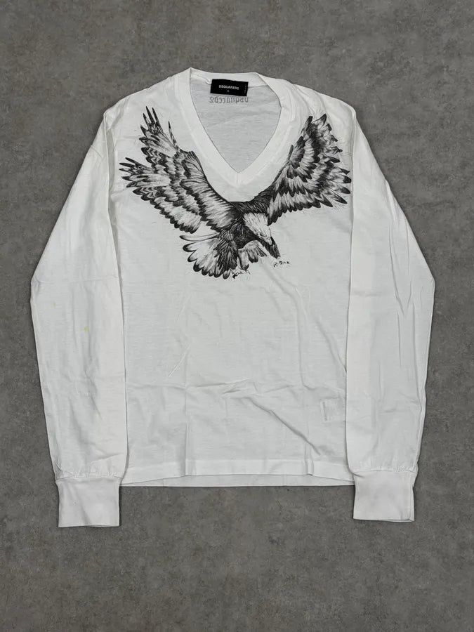 FW2015 Dsquared2 White Royal Eagle Graphic V-Neck Longsleeves CQckeGJ 0