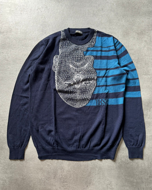 2000s Dirk Bikkembergs Blue 3D Face Wool Sweater (M) - 1