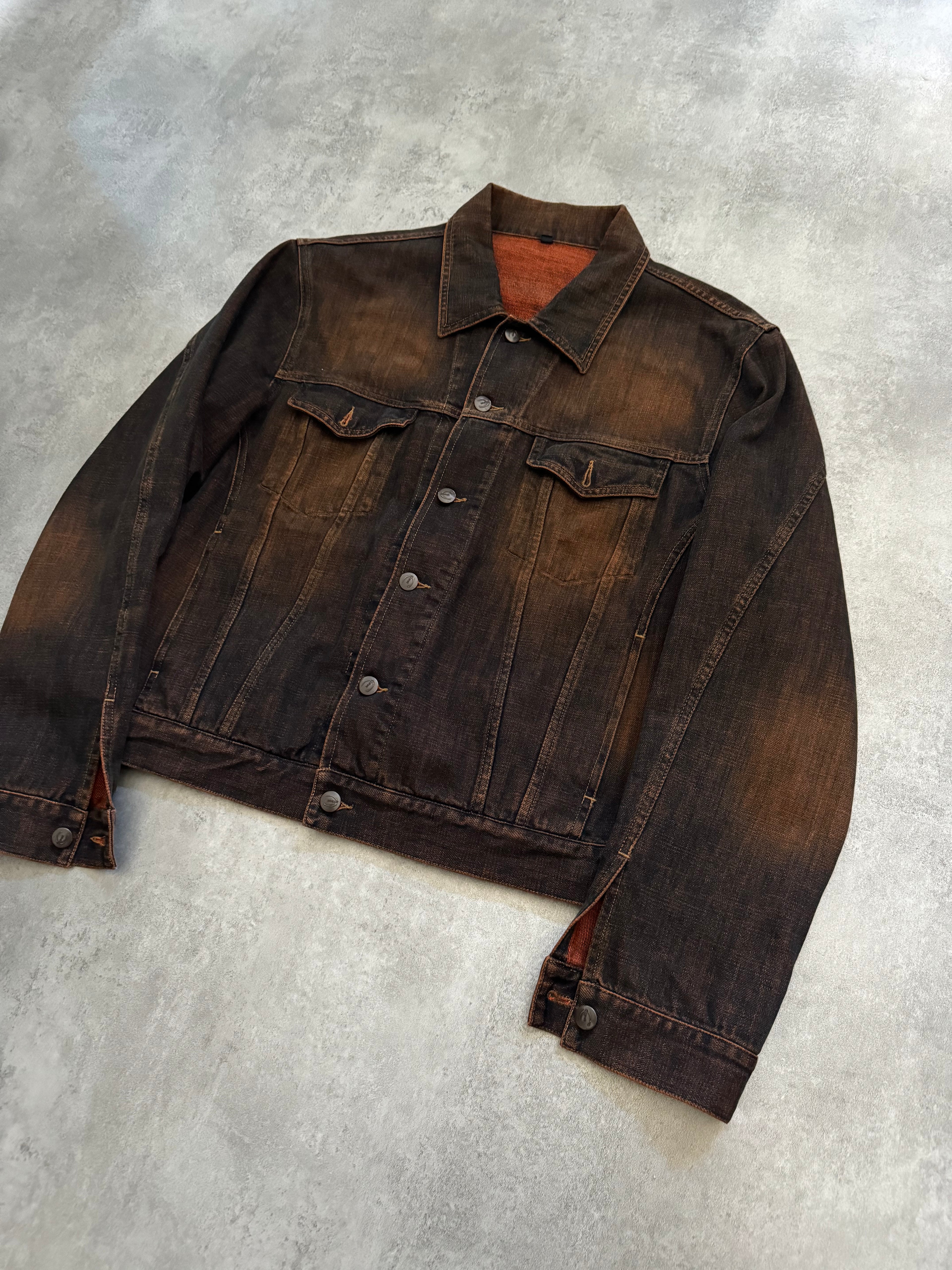 2000s Cavalli Eroded Twilight Denim Eroded Navy Orange Jacket  (L) - 7