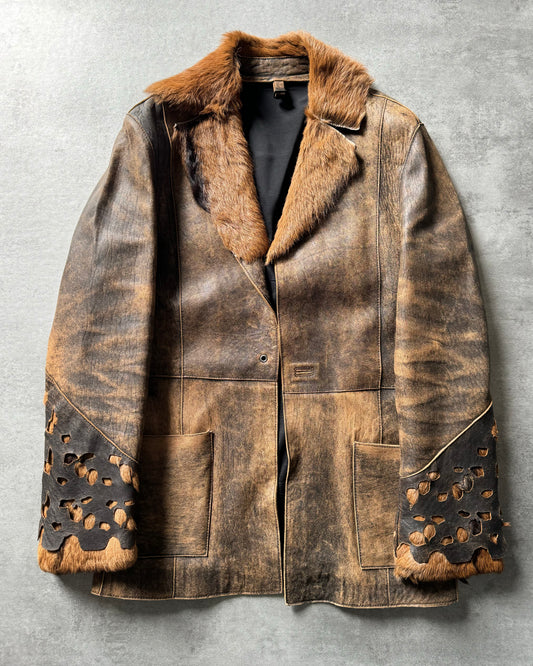 AW2005 Cavalli Brown Fur Modern Raw Leather Jacket  (L) - 1