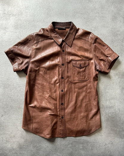 1990s Prada Brown Lamb Leather Short Sleeves Shirt  (M) - 1