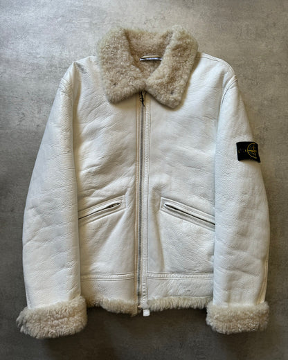 AW2006 Stone Island Hand Painted Sheepskin White Shearling Leather Jacket (L) - 1