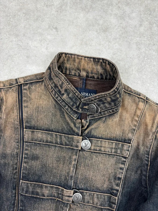 2000s Armani Faded Blue Denim Samurai Officer Jacket FqajKGo 3