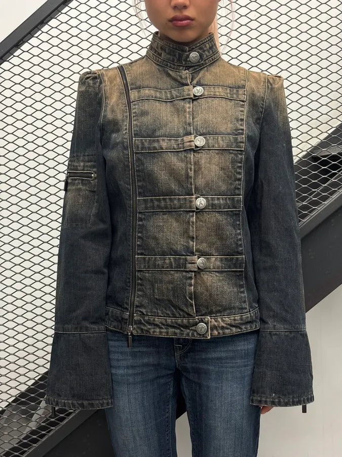 2000s Armani Faded Blue Denim Samurai Officer Jacket FqajKGo 1