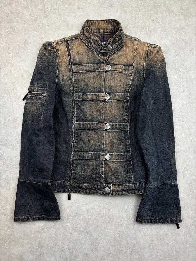 2000s Armani Faded Blue Denim Samurai Officer Jacket FqajKGo 0