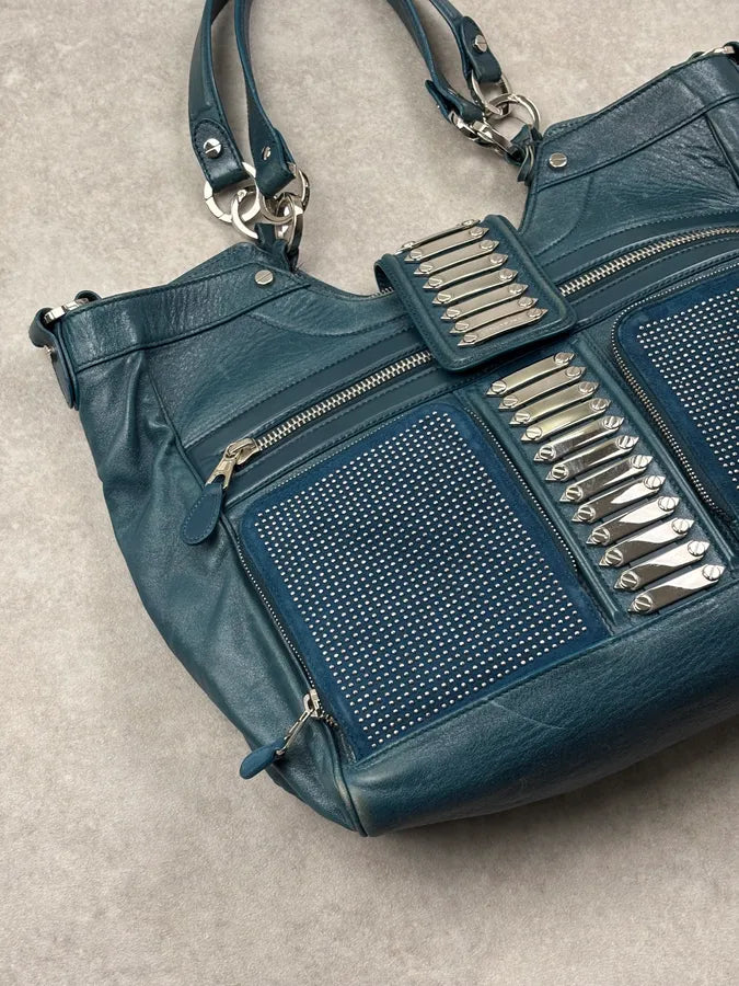 2000s Balenciaga Turquoise Leather Multi-Pocket Studded Shoulder Bag rjOUNkP 9