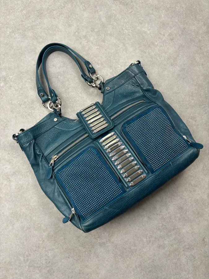 2000s Balenciaga Turquoise Leather Multi-Pocket Studded Shoulder Bag rjOUNkP 7