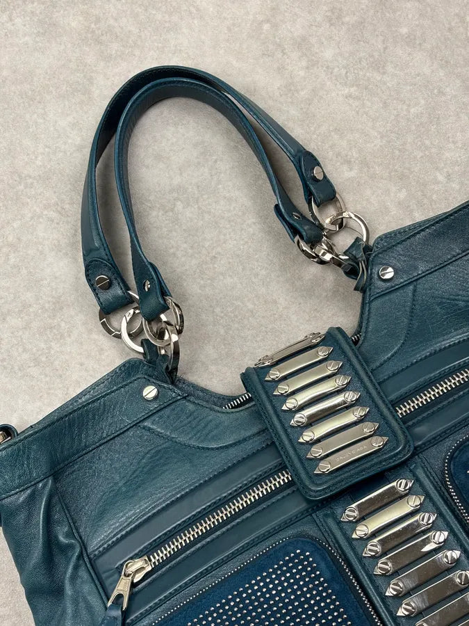 2000s Balenciaga Turquoise Leather Multi-Pocket Studded Shoulder Bag rjOUNkP 8