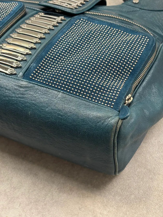 2000s Balenciaga Turquoise Leather Multi-Pocket Studded Shoulder Bag rjOUNkP 12