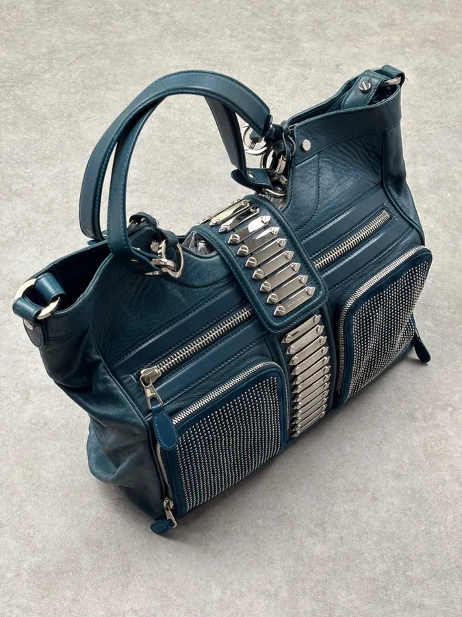 2000s Balenciaga Turquoise Leather Multi-Pocket Studded Shoulder Bag rjOUNkP 5