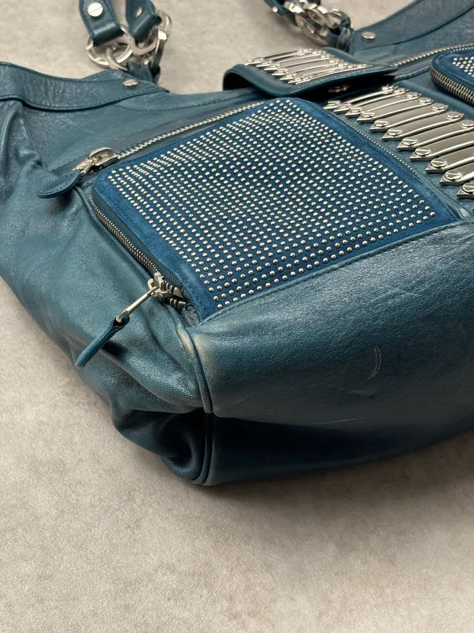 2000s Balenciaga Turquoise Leather Multi-Pocket Studded Shoulder Bag rjOUNkP 13