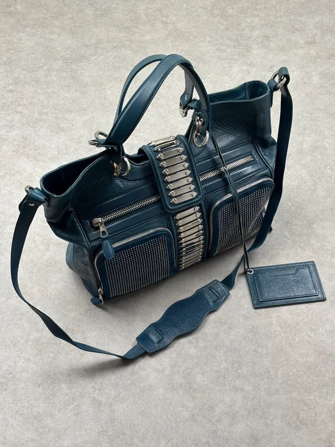 2000s Balenciaga Turquoise Leather Multi-Pocket Studded Shoulder Bag rjOUNkP 3