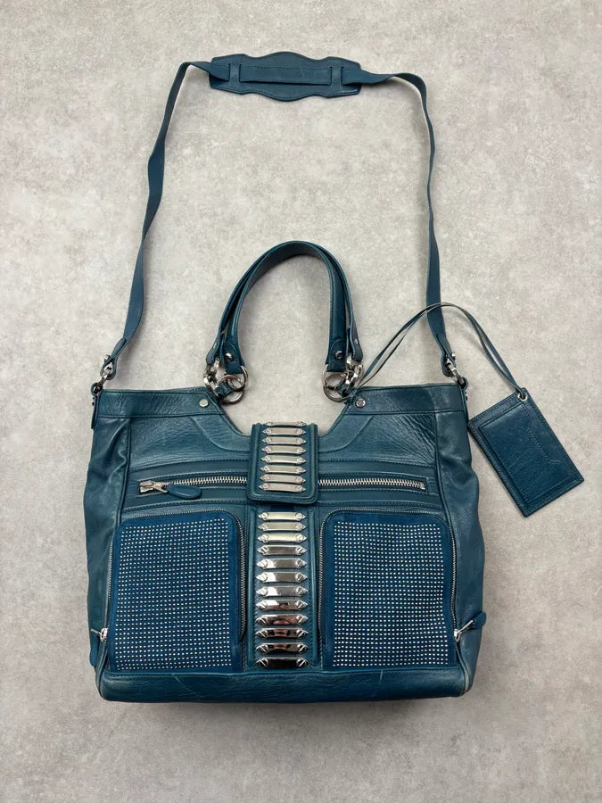 2000s Balenciaga Turquoise Leather Multi-Pocket Studded Shoulder Bag rjOUNkP 0