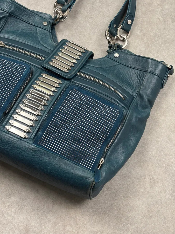 2000s Balenciaga Turquoise Leather Multi-Pocket Studded Shoulder Bag rjOUNkP 10