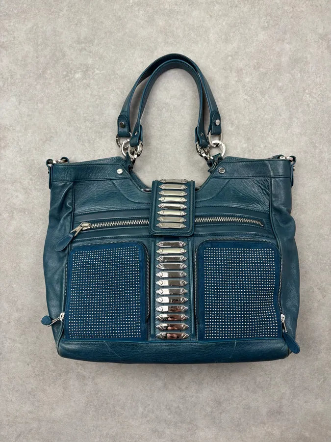 2000s Balenciaga Turquoise Leather Multi-Pocket Studded Shoulder Bag rjOUNkP 6