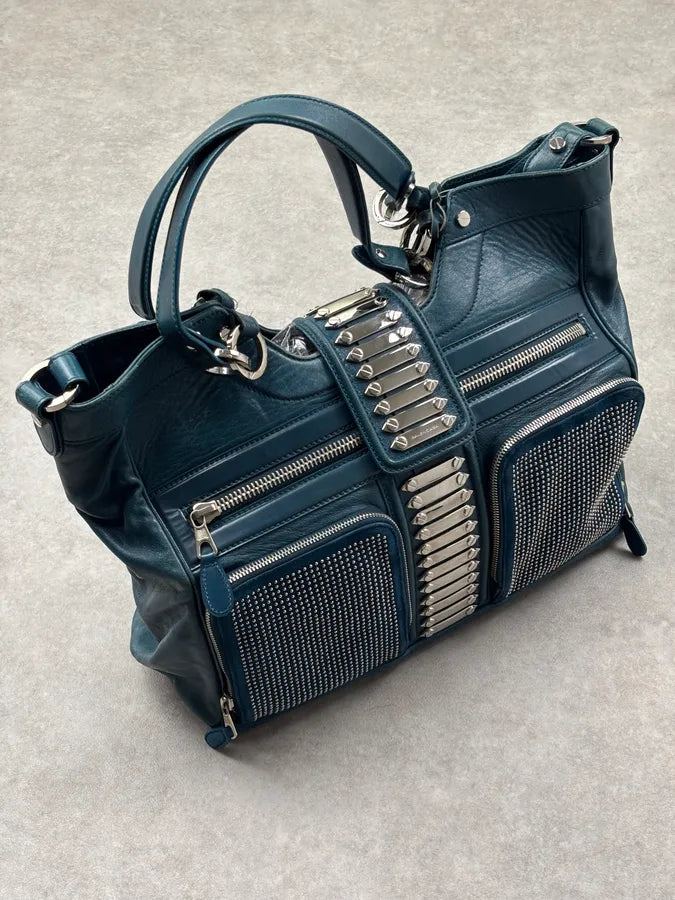 2000s Balenciaga Turquoise Leather Multi-Pocket Studded Shoulder Bag rjOUNkP 2