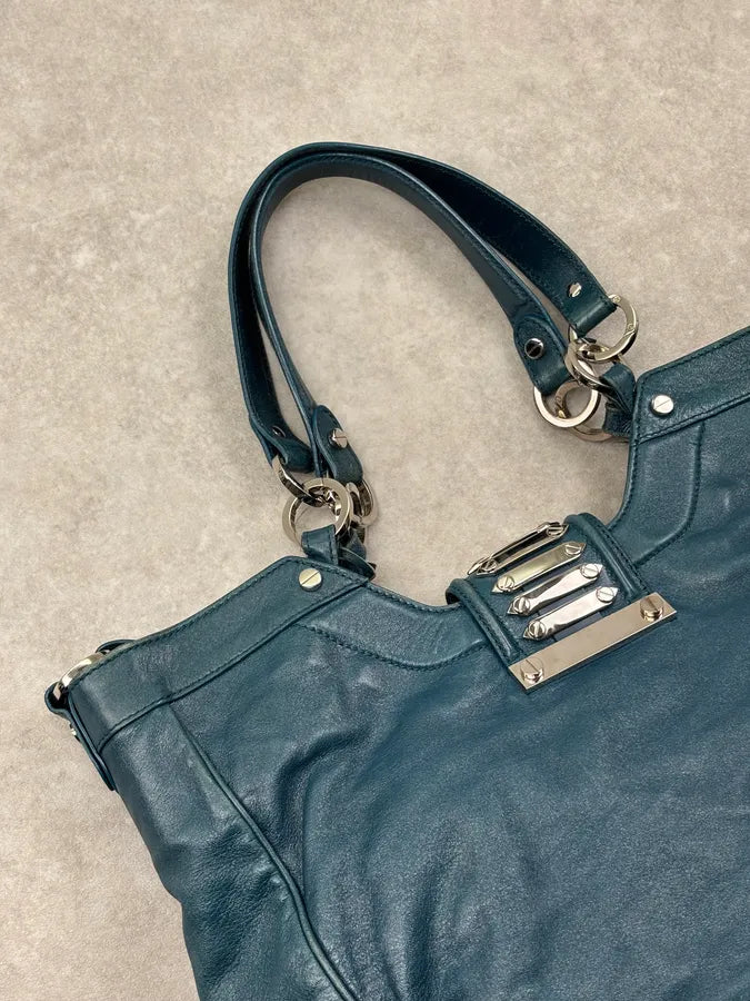 2000s Balenciaga Turquoise Leather Multi-Pocket Studded Shoulder Bag rjOUNkP 16