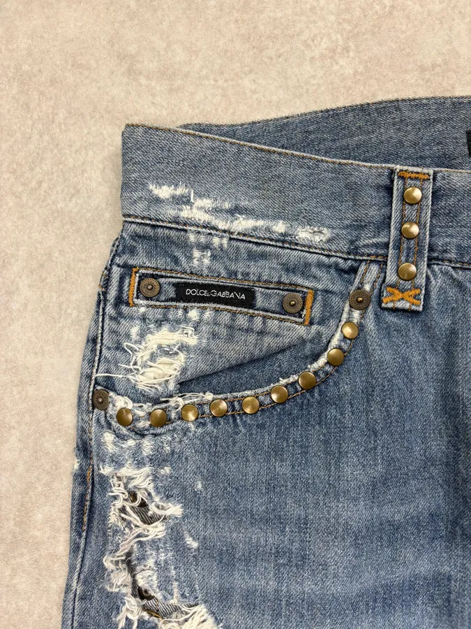 SS2006 Dolce & Gabbana Blue Denim Hawaii Floral Embroidered Jeans OUzfZuD 8