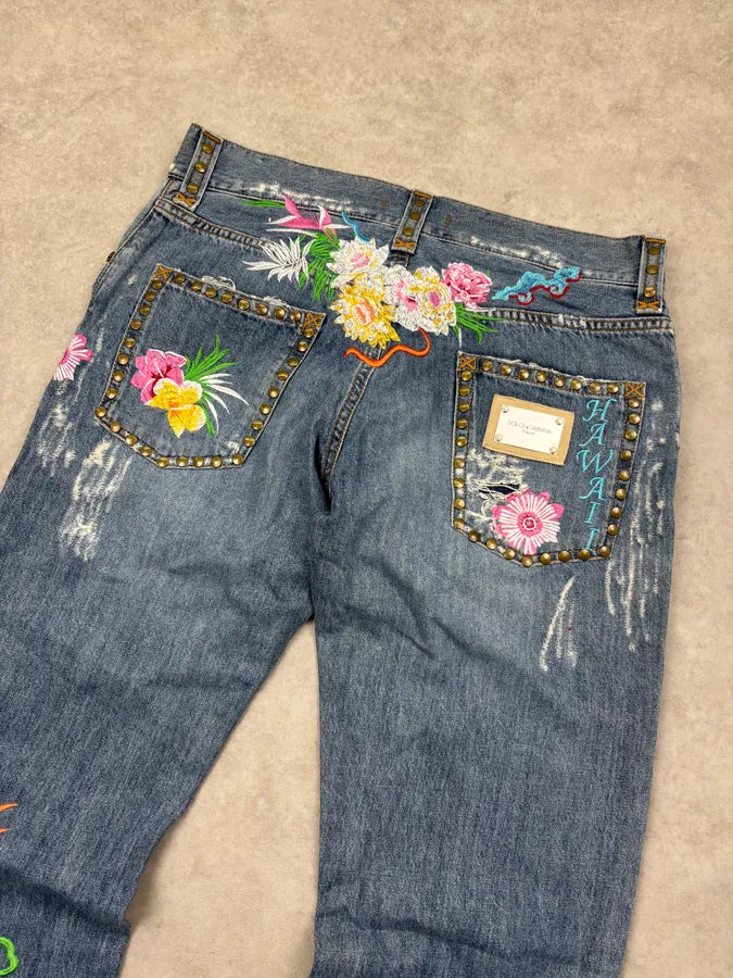 SS2006 Dolce & Gabbana Blue Denim Hawaii Floral Embroidered Jeans OUzfZuD 6