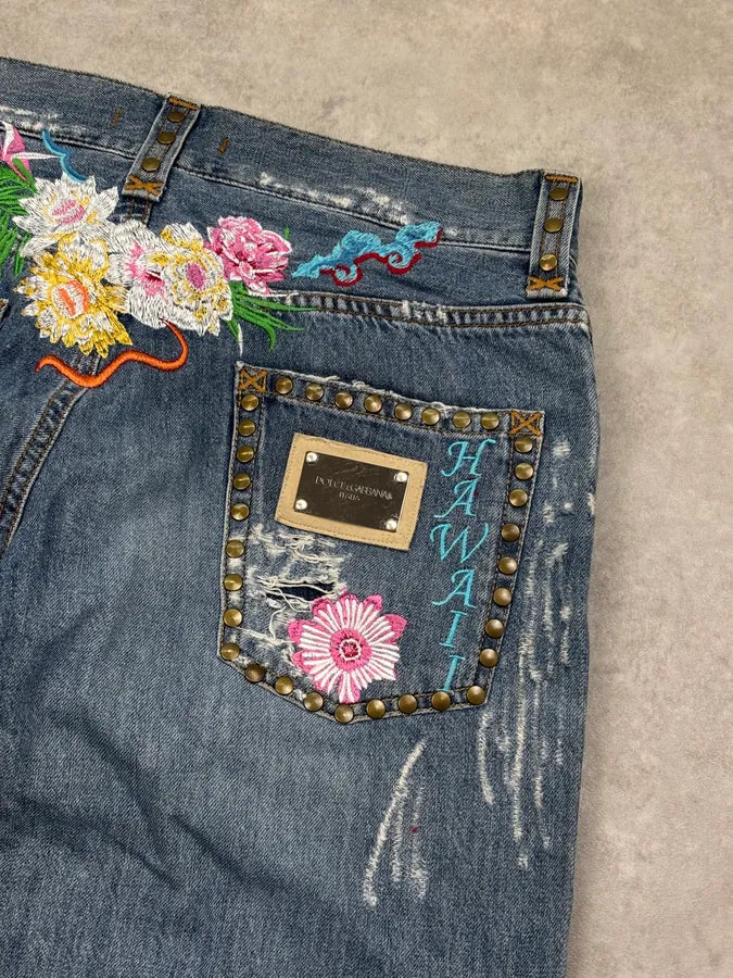 SS2006 Dolce & Gabbana Blue Denim Hawaii Floral Embroidered Jeans OUzfZuD 7