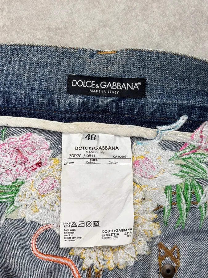 SS2006 Dolce & Gabbana Blue Denim Hawaii Floral Embroidered Jeans OUzfZuD 13