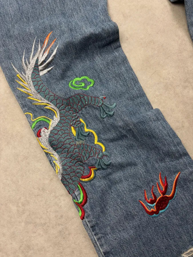 SS2006 Dolce & Gabbana Blue Denim Hawaii Floral Embroidered Jeans OUzfZuD 11