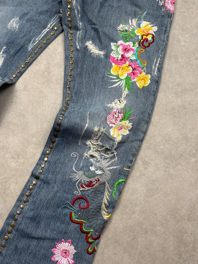SS2006 Dolce & Gabbana Blue Denim Hawaii Floral Embroidered Jeans OUzfZuD 10