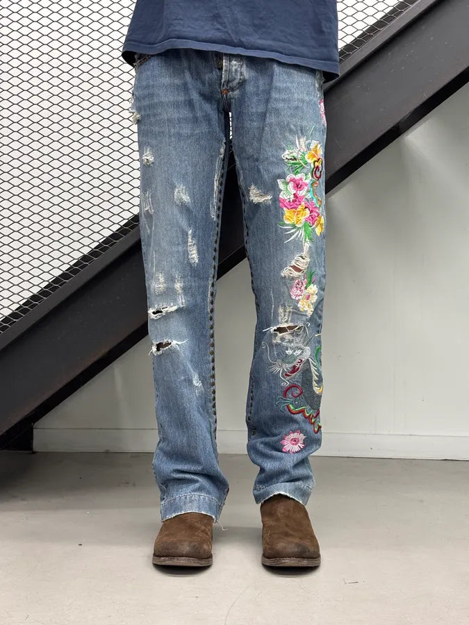 SS2006 Dolce & Gabbana Blue Denim Hawaii Floral Embroidered Jeans OUzfZuD 1