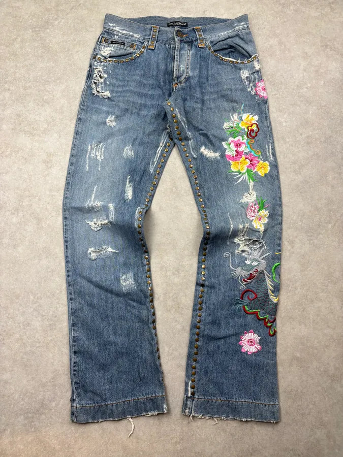 SS2006 Dolce & Gabbana Blue Denim Hawaii Floral Embroidered Jeans OUzfZuD 0