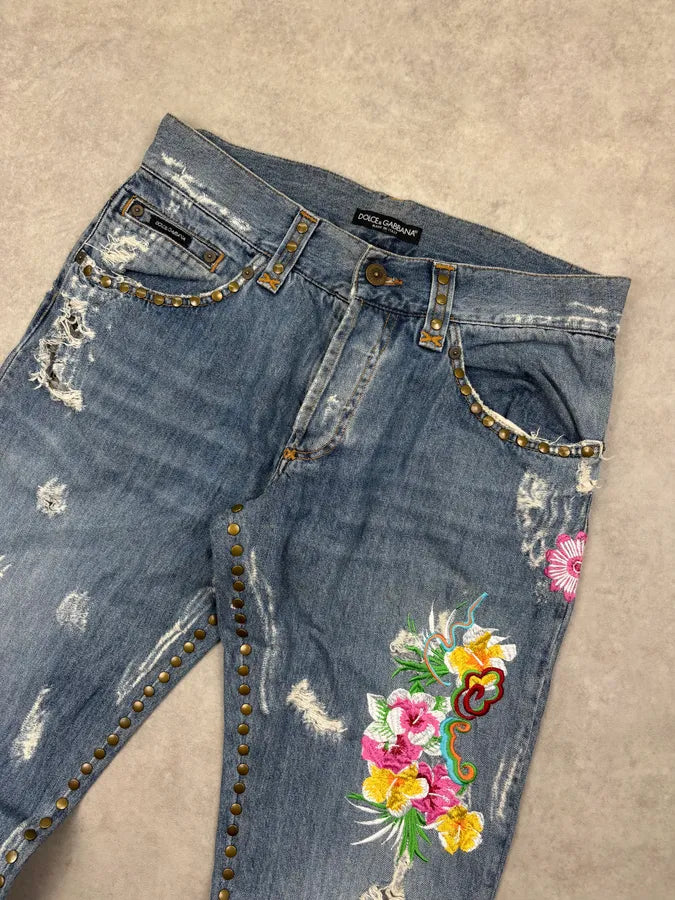 SS2006 Dolce & Gabbana Blue Denim Hawaii Floral Embroidered Jeans OUzfZuD 4