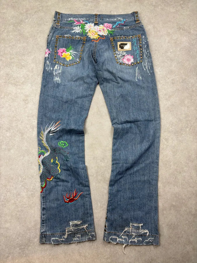 SS2006 Dolce & Gabbana Blue Denim Hawaii Floral Embroidered Jeans OUzfZuD 5