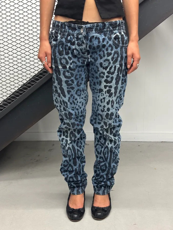 Early 2000s Dolce & Gabbana Blue Denim Leopard Print Jeans ucEraZf 0