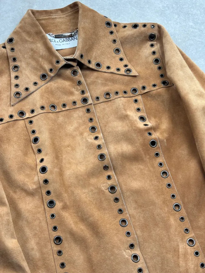 1990s Dolce & Gabbana Camel Suede Eyelet Leather Jacket aIAffyi 8