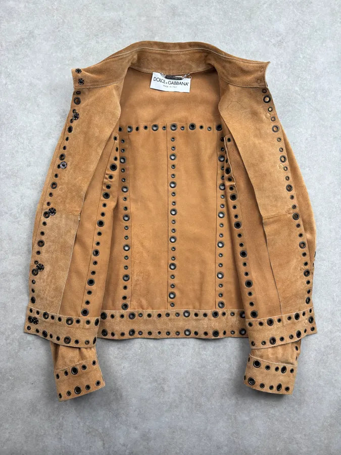1990s Dolce & Gabbana Camel Suede Eyelet Leather Jacket aIAffyi 7