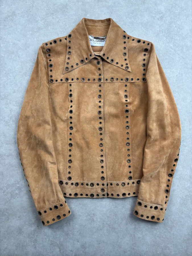 1990s Dolce & Gabbana Camel Suede Eyelet Leather Jacket aIAffyi 0