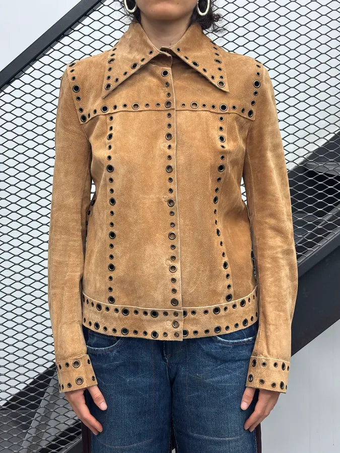 1990s Dolce & Gabbana Camel Suede Eyelet Leather Jacket aIAffyi 1